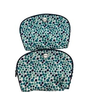 London Soho New York Cosmetic Bag Womens OS Makeup Pouch Teal Polka Dot 2pc Set